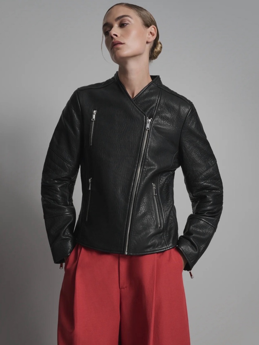 Armani Exchange Black Asymmetric Zip Leather Moto Jacket - Women